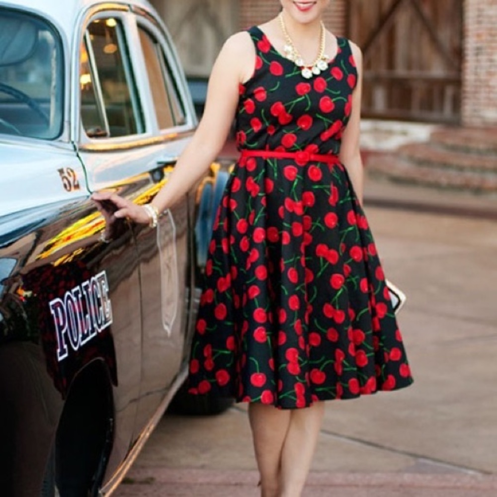 Cherries Print Swing Dress with Belt